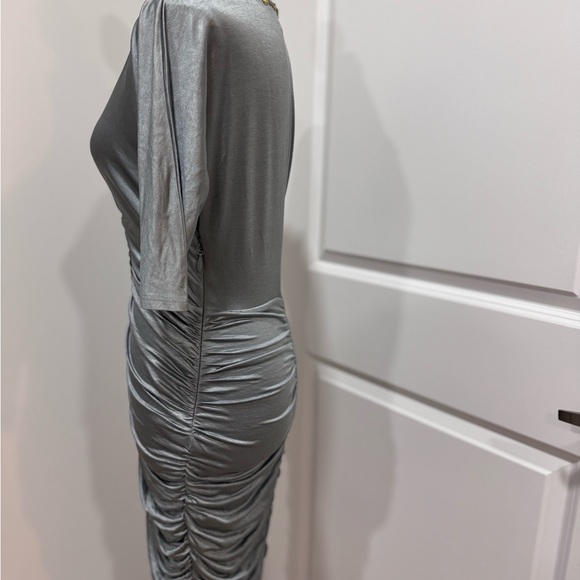 Elegant Grey Ruched Mini Dress with Beaded V-Neck - Picture 2 of 7